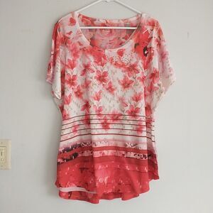Style&Co Top Womens 3X Plus Red Pink Floral Rhinestone Romantic Fairy